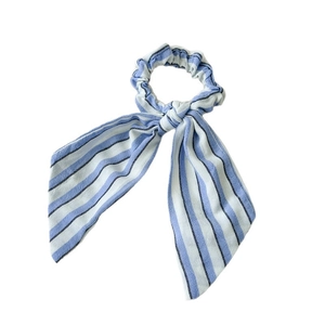 Blue and white striped scrunchie with long ribbon bow for women's ponytails
