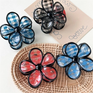 Elegante Fermaglio per Capelli a Fiore a Quadretti per Donna Dolce Motivo Floreale Gingham Grande Molletta a Squalo in Plastica