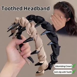 Elegant pleated black and champagne satin headband with non-slip tooth comb for volume