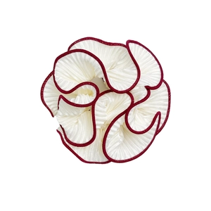 Elegant white pleated scrunchie with burgundy ruffled edges for ponytails or buns