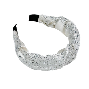 Chic white rhinestone headband with pleated silk fabric and thick high-volume design