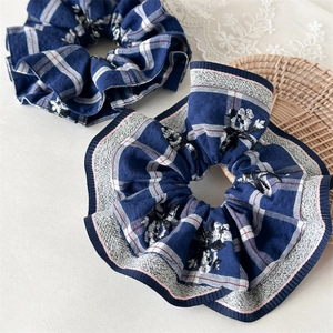 Luxury Blue Plaid Large Scrunchie Floral Embroidery Handmade Ruffled Hair Ring Elegant Hair Tie Accessories For Women