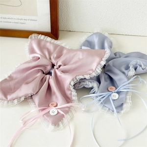 Sweet Women Satin Lace Trim Scrunchie Large Button Bow Hair Tie Ruffle Mesh Ribbon Elastic Hair Band Accessories
