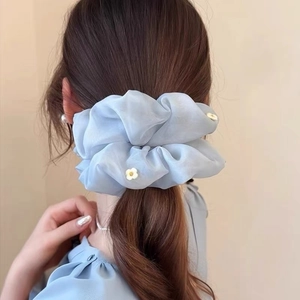 Λεπτομέρεια από γαλάζιο λαστιχάκι organza με τρισδιάστατα λουλούδια σε αλογοουρά