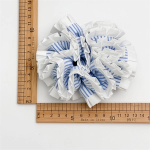Blue and white striped layered scrunchie floral hair tie measured at 11cm diameter