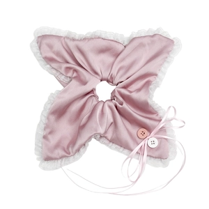 Sweet pink satin hair scrunchie with white lace ruffle edge and long silk ribbons