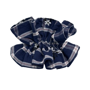 Navy blue checkered scrunchie with floral embroidery and elegant multi-layer pleats