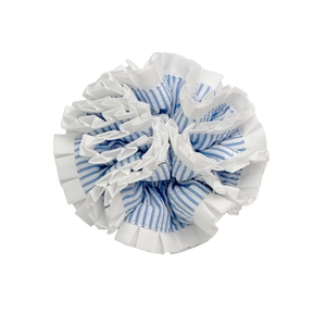 Blue striped scrunchie with white ruffle trim floral hair tie for women stylish accessory