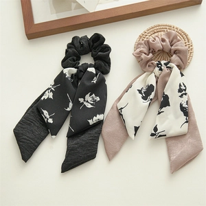 Handmade Floral Printed Ribbon Scrunchies For Women Bowknot Satin Fabric Hair Tie Elastic Ponytail Holder Hair Accessory