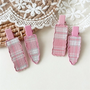 Korean Style Sweet Pink Plaid Alloy Duckbill Hair Clip Scalloped Edge Fabric Bow Hairpins For Women Daily Accessories