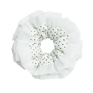 Double-layer white lace scrunchie with black polka dot pattern for women hair tie