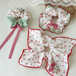 Sweet cherry print scrunchie and bow hair tie set for women in elegant white and red