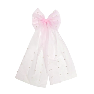 Nœud papillon en tulle rose avec perles blanches et longs rubans pour mariée
