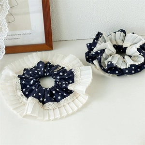 Dunkelblaue Polka-Dot-Haargummis mit weißem Netz und Spitzenbesatz für Damen