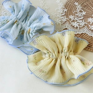 Floral print pleated scrunchies for women, soft blue and yellow summer hair ties