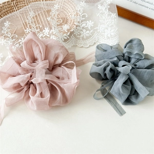 Chiffon puff bow scrunchies in pink and blue grey with long ribbons hair ties