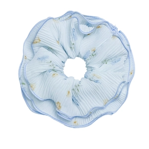 Light blue floral layered scrunchie made of chiffon for elegant summer hairstyles