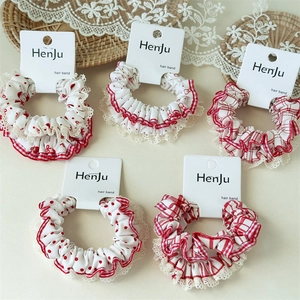 Sweet Fabric Red Polka Dot Heart Bow Scrunchies Girly Plaid Lace Edge Hair Ties For Women Girls Hair Accessories