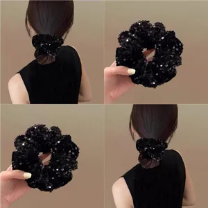 Detailed views of black sequin scrunchie showing close-up texture and low ponytail styling