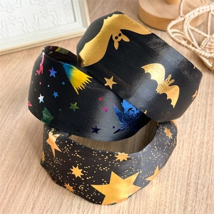 Halloween Wide Headband For Women Gold Foil Star Bat Pattern Satin Fabric Over Plastic Party Hair Hoop Costume Accessory