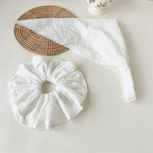 White lace hollow floral bandana and oversized scrunchie set for women in elegant style