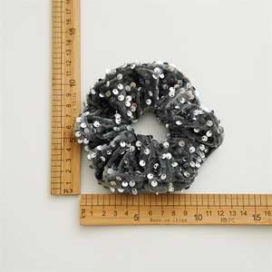 Sparkly gray sequin velvet scrunchie for women with 10.5cm diameter size measurement