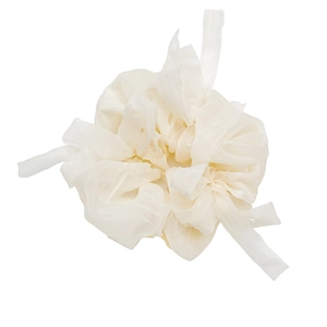 Elegant oversized cream puff gauze hair scrunchie with long ribbons on white background