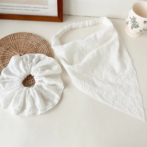 White lace hollow embroidery headscarf and scrunchie set with floral pattern