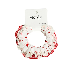 Sweet red polka dot and plaid hair scrunchie set with white lace trim on card