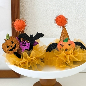 Halloween pumpkin and bat mini top hats with glitter and orange mesh for party costumes