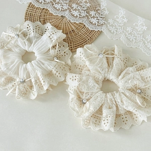 Large Lace Scrunchie With Faux Artificial Pearl Ribbon Bow French Ballet Style Hollow Embroidery Elegant Hair Tie For Women