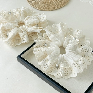 Elegant set of two hollow lace pearl scrunchies with white ribbons and vintage ballet style