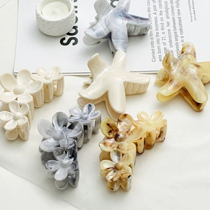 Korean Summer Floral Starfish Hair Claw Clips Marble Texture Resin Large Shark Clips For Women Vacation Hair Accessories
