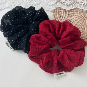 Vintage oversized polka dot chiffon scrunchies in red and black with white lace accents