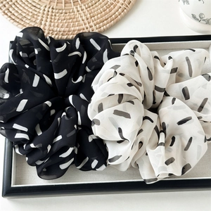 Women Large Chiffon Fabric Hair Scrunchie Black And White Stripe Pattern Puffy Elastic Hair Tie Handmade Ponytail Holder Accessory