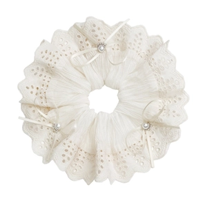 Elegant off-white lace hair scrunchie with ribbons and pearls for elegant styling