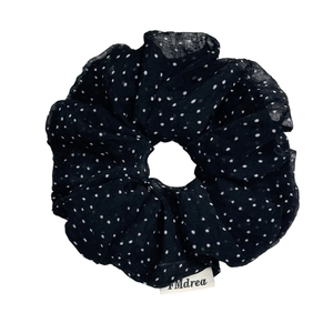Large vintage black polka dot scrunchie made of lightweight sheer fabric with white brand tag