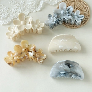 Set of 5 Korean style hair claws with marble texture and plumeria flower designs