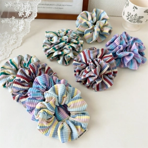 Sweet Knitted Striped Scrunchie Double Layer Contrast Color Ribbed Fabric Hair Tie With Woven Label For Women Everyday Wear