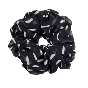 Oversized black and white striped chiffon scrunchie for women with elegant ruffles