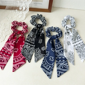 Detail of four-piece paisley print hair scrunchies with long ribbons in four colors