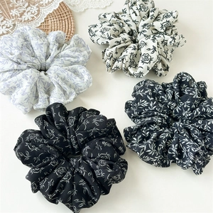 Set of four large oversized chiffon scrunchies with elegant ink floral and leaf patterns