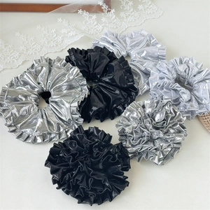 Metallic Shiny Satin Scrunchies Oversized Pleated Elastic Hair Ties For Women Laser Silver Black Gray Large Hair Accessories