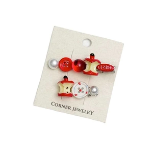 Cute Korean style apple and pearl hair clip set for women in red and white tones