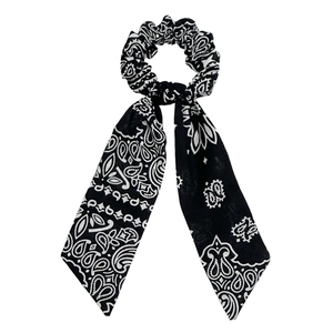 Classic black and white paisley print hair scrunchie with long ribbons for women
