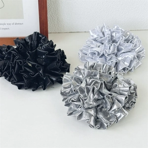 Three-piece set of large oversized metallic silver and black leather scrunchies