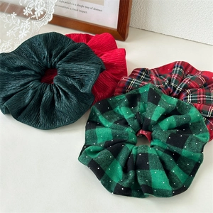Christmas Plaid Rhinestone Hair Scrunchie Retro Large Hair Tie Red Green Pleated Fabric Elastic Ponytail Holder For Women Jewelry