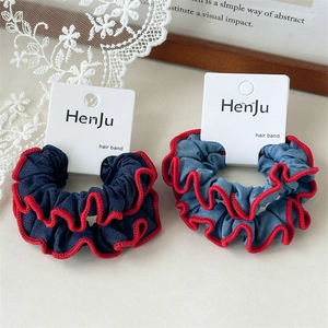 Denim Haar Scrunchies Mit Roter Rüschenkante Hochelastische Haarbänder Süße Blaue Pferdeschwanzhalter Damen Mode Haarschmuck