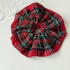 Classic British red and green plaid scrunchie with silver rhinestone embellishments
