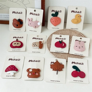 Set of 12 cute leather cartoon animal and fruit hair clips for kids on display cards